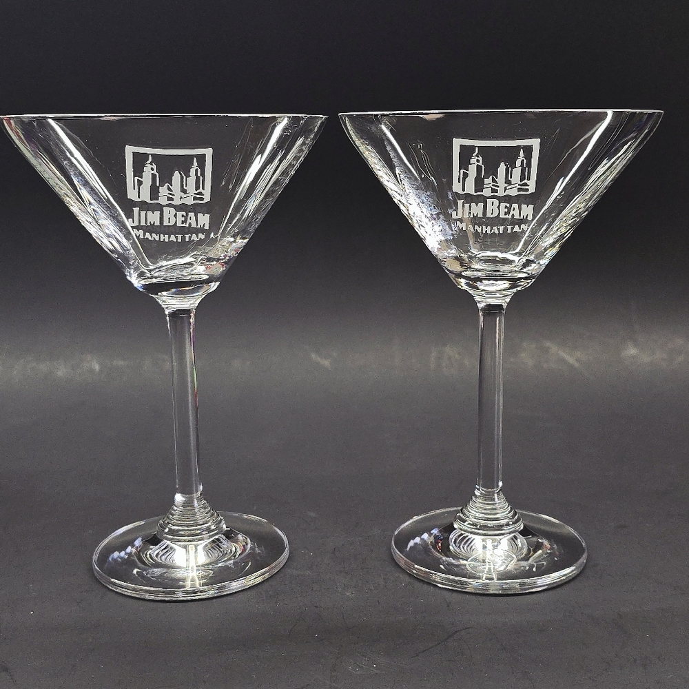 2 Etched Crystal Jim Beam Manhattan Bourbon Whiskey Glasses Collectable RARE